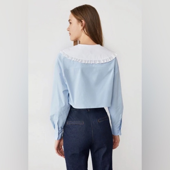 J.ING Blue with White Collar Button Down Long Sleeve Crop Shirt Top Size L NWT - Picture 8 of 10